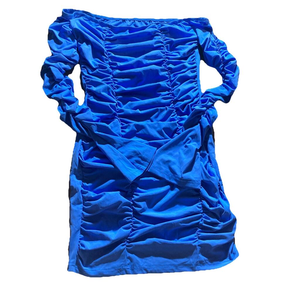 SHEIN Blue Scrunch Bodycon Dress With Flare Sleeves Off The Shoulder